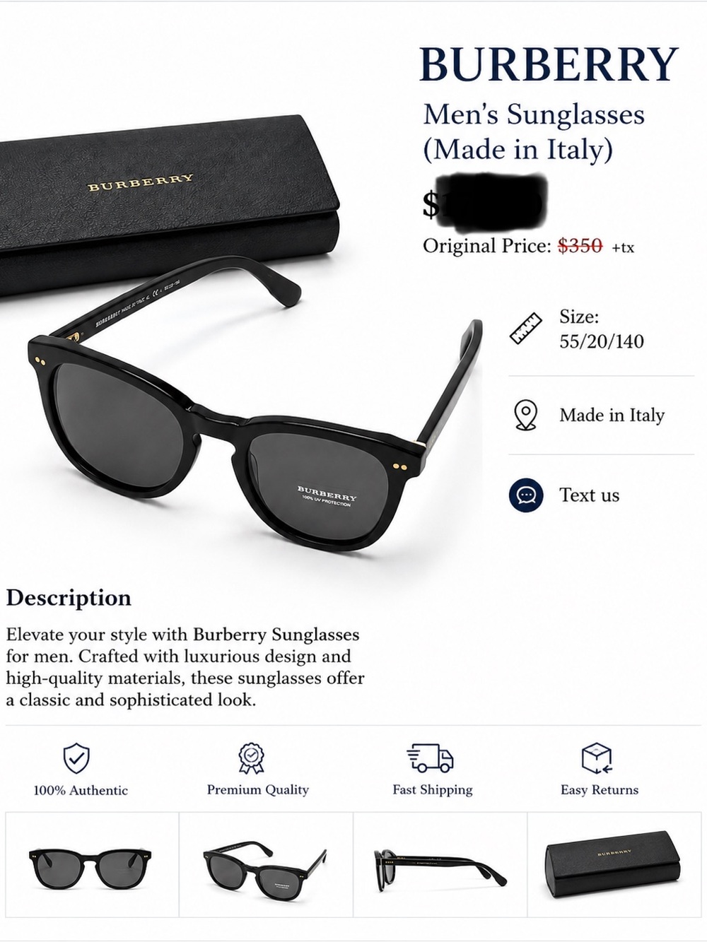 Burberry Men's Black Sunglasses with Dark Gray Lenses
